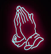 a photo of red neon hands clasped in prayer on a black bg
